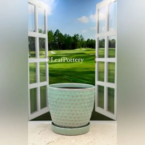 Atasi Aqua/Pink Ceramic Planter Pot with Saucer Attached - Picture 4 of 9